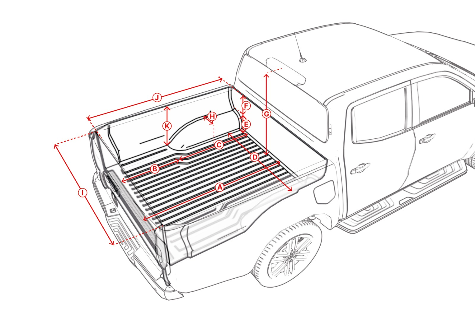 Truck bed measurement reference diagram showing points A through K